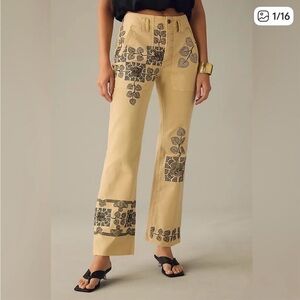 Pilcro Yaya Mid-Rise Cream Pants with Black Embroidery